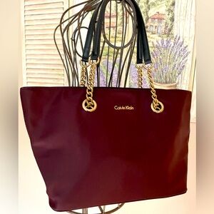 New Calvin Klein Florence Nylon Burgundy Bag Leather Gold Chain Handles